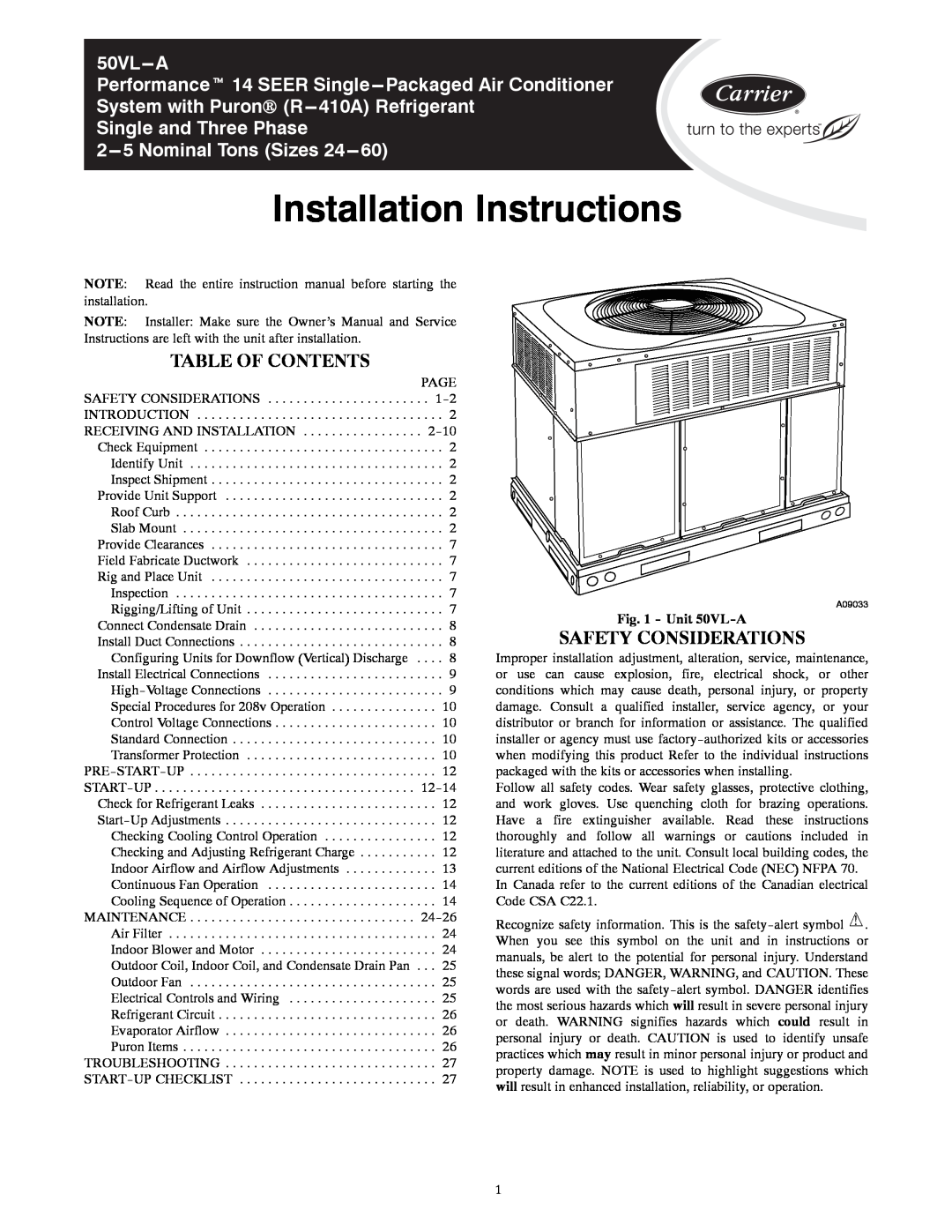 Carrier 50VL---A installation instructions Table Of Contents, Safety Considerations, Unit 50VL-A 