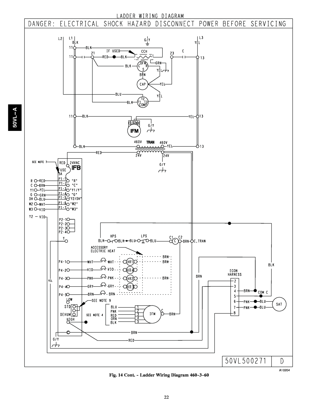 Carrier 50VL---A installation instructions 50VL500271, 50VL--A, Ladderwiring Diagram, Cont. - Ladder Wiring Diagram, Dehum 