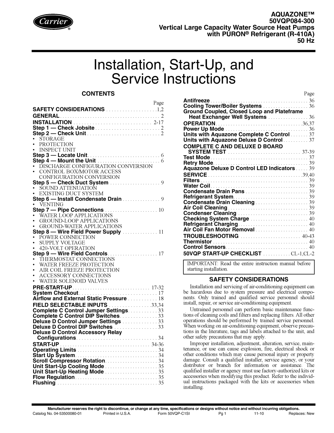 Carrier 50VQP084-300 specifications Contents, Safety Considerations 