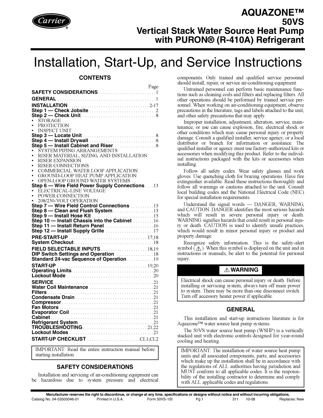 Carrier 50VS specifications Contents, Safety Considerations, General 