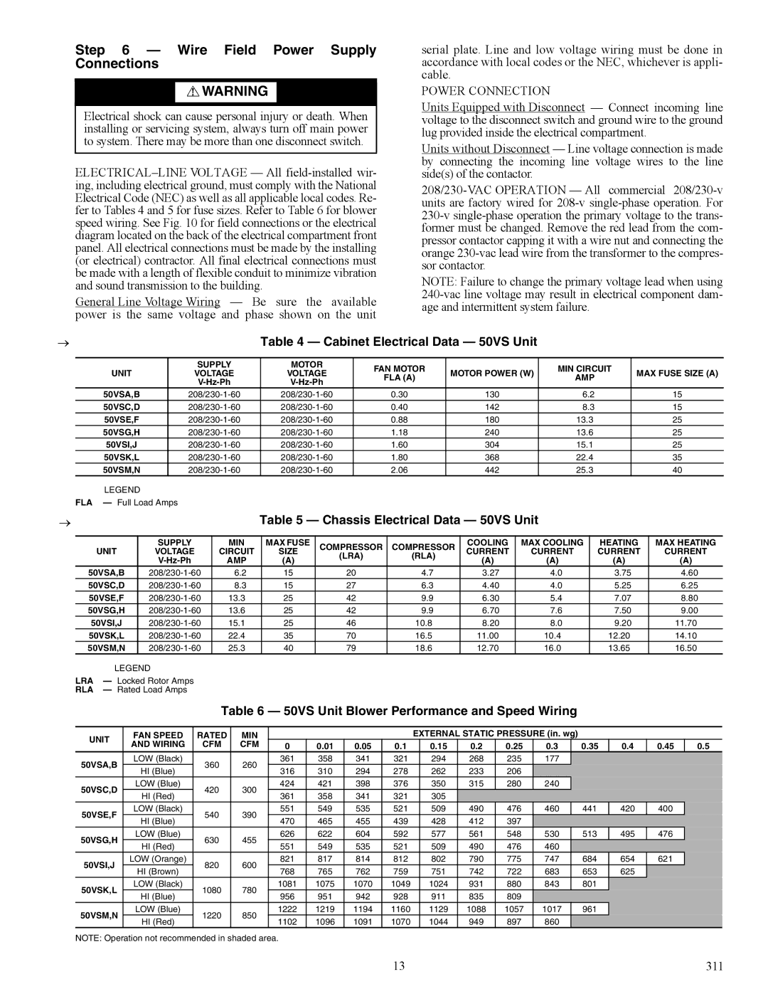 Carrier specifications Wire Field Power Supply Connections, Chassis Electrical Data 50VS Unit 