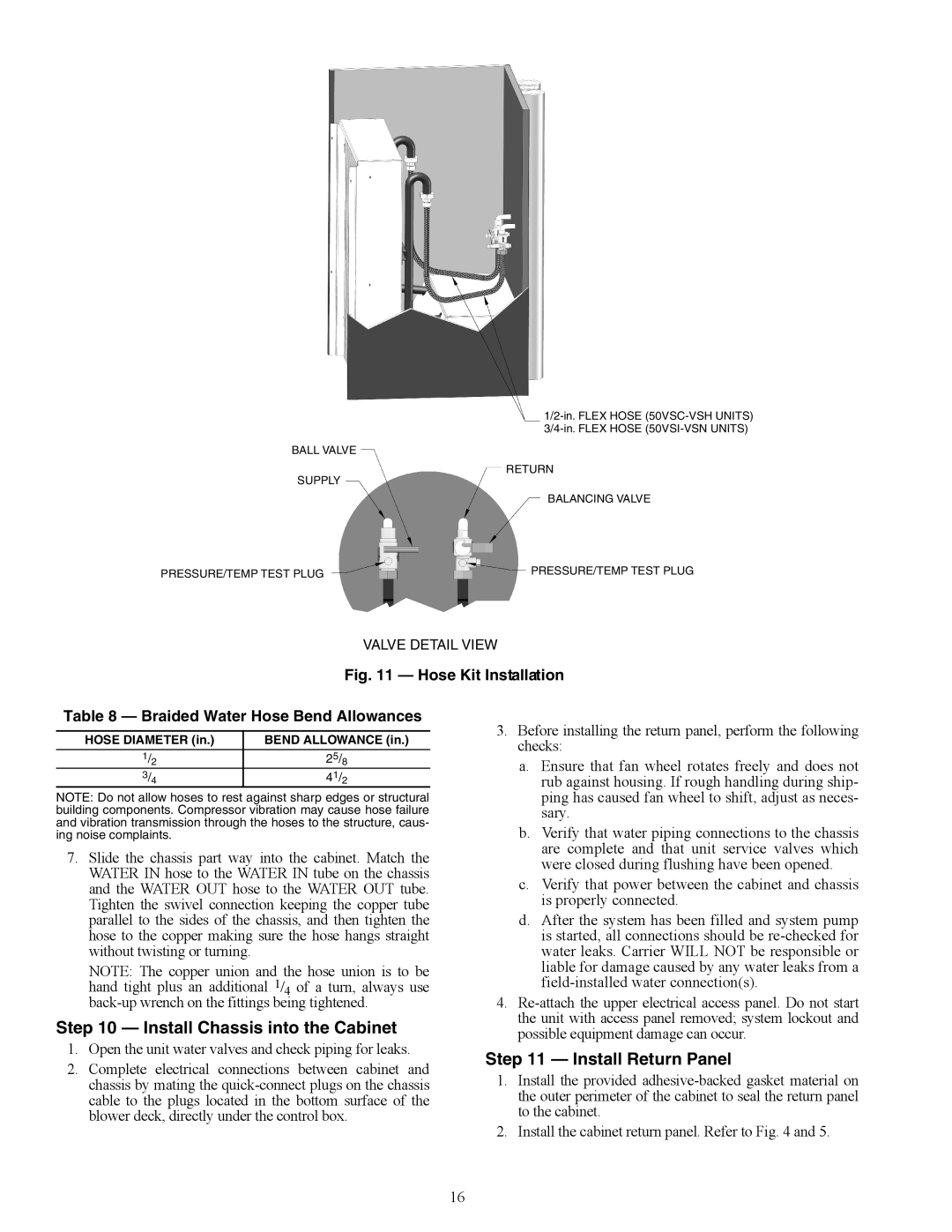 Carrier 50VS specifications Install Chassis into the Cabinet, Install Return Panel, A50-8293, Hose Diameter Bend Allowance 