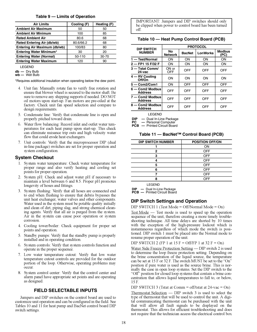 Carrier 50VS specifications System Checkout, Field Selectable Inputs, DIP Switch Settings and Operation 