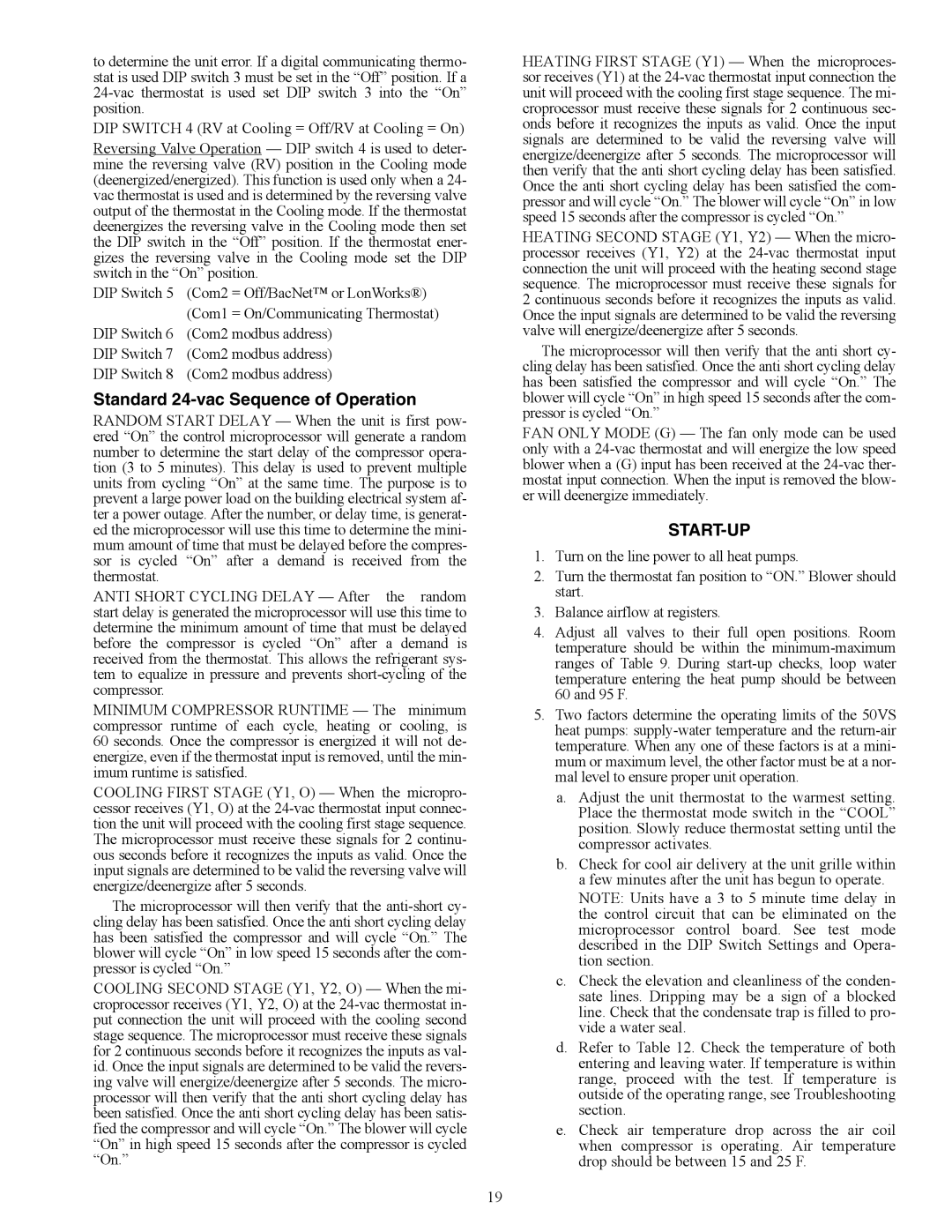 Carrier 50VS specifications Standard 24-vac Sequence of Operation, Start-Up 