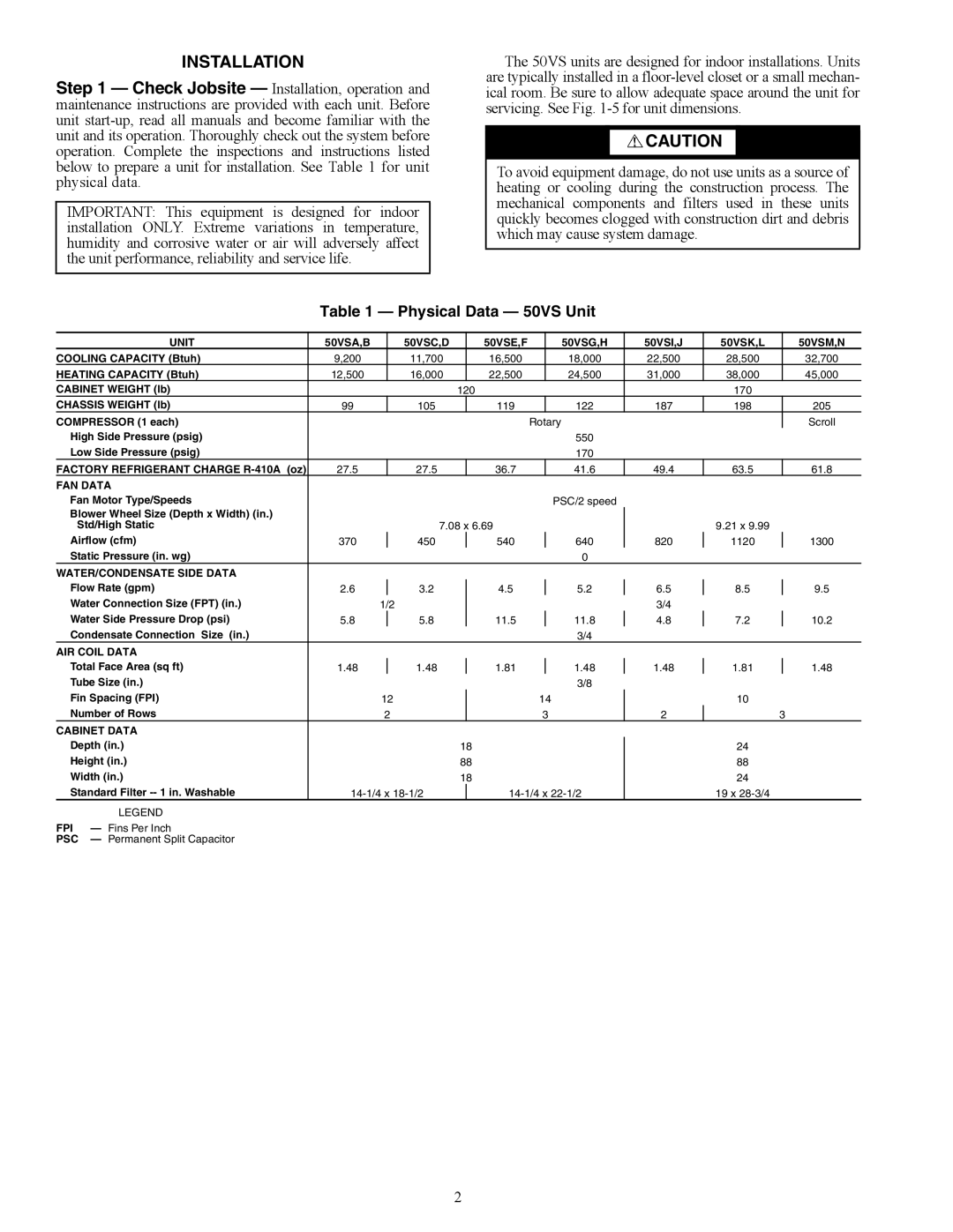 Carrier specifications Installation, Physical Data 50VS Unit 