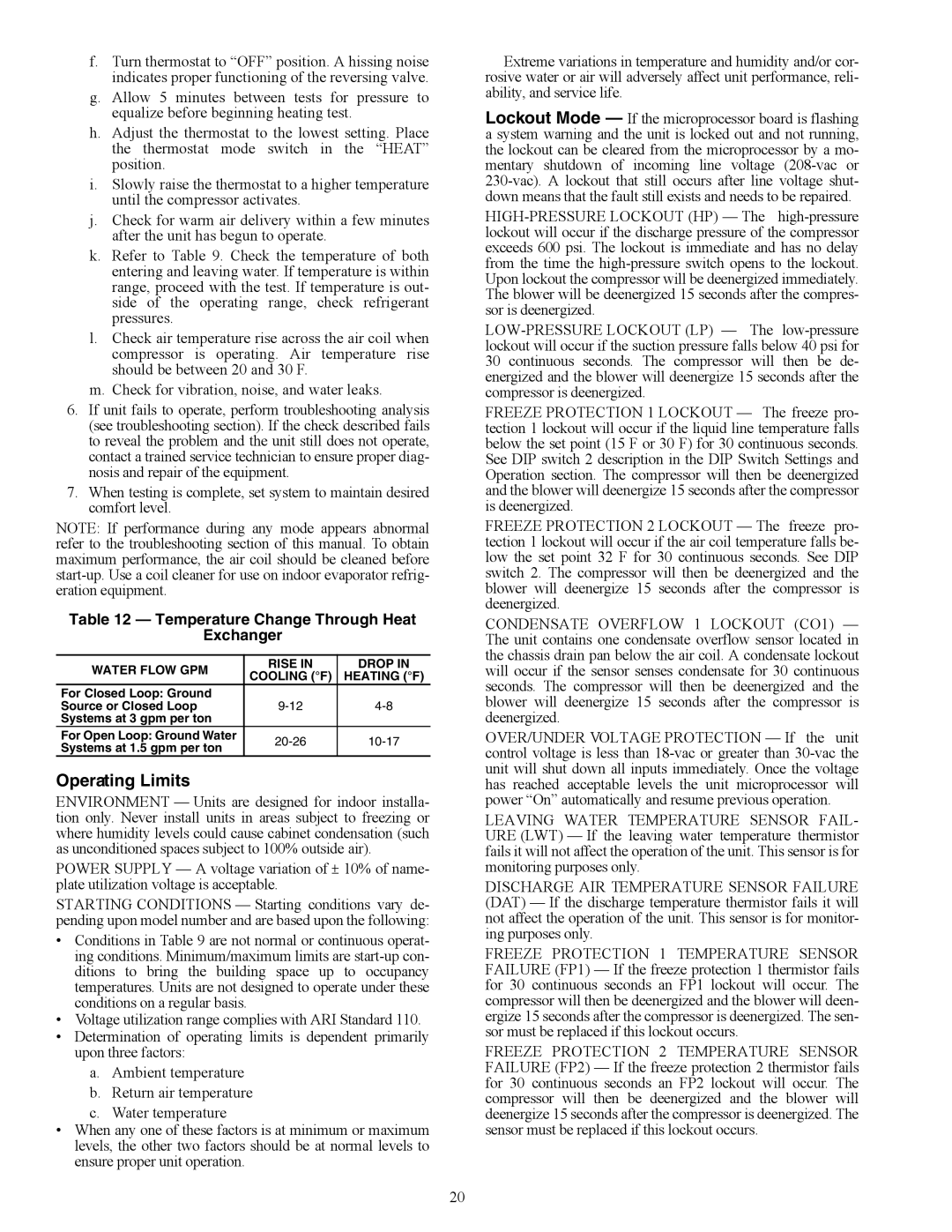 Carrier 50VS Operating Limits, Temperature Change Through Heat Exchanger, Water Flow GPM Rise Drop Cooling F Heating F 