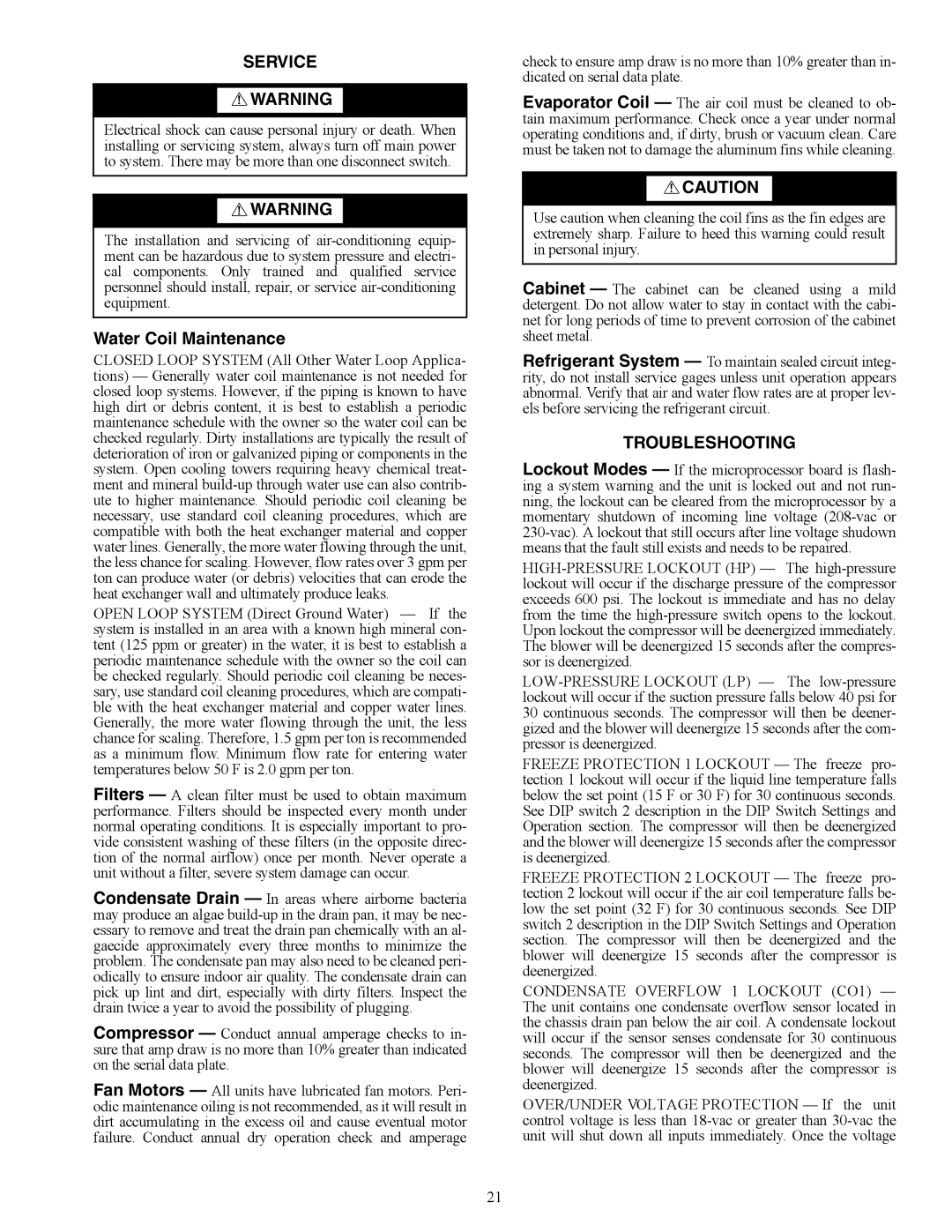 Carrier 50VS specifications Service, Water Coil Maintenance, Troubleshooting 