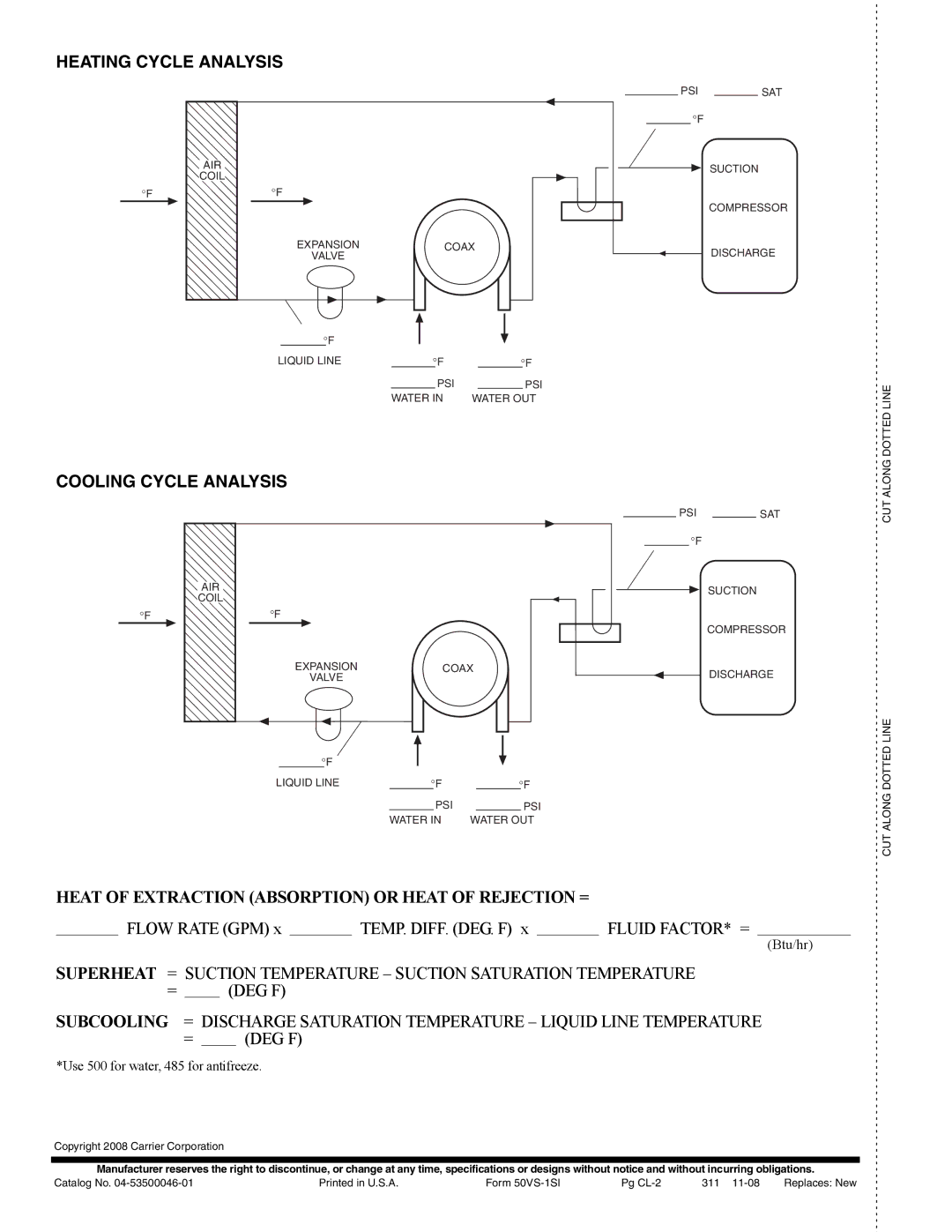 Carrier 50VS specifications Heating Cycle Analysis, Cooling Cycle Analysis 