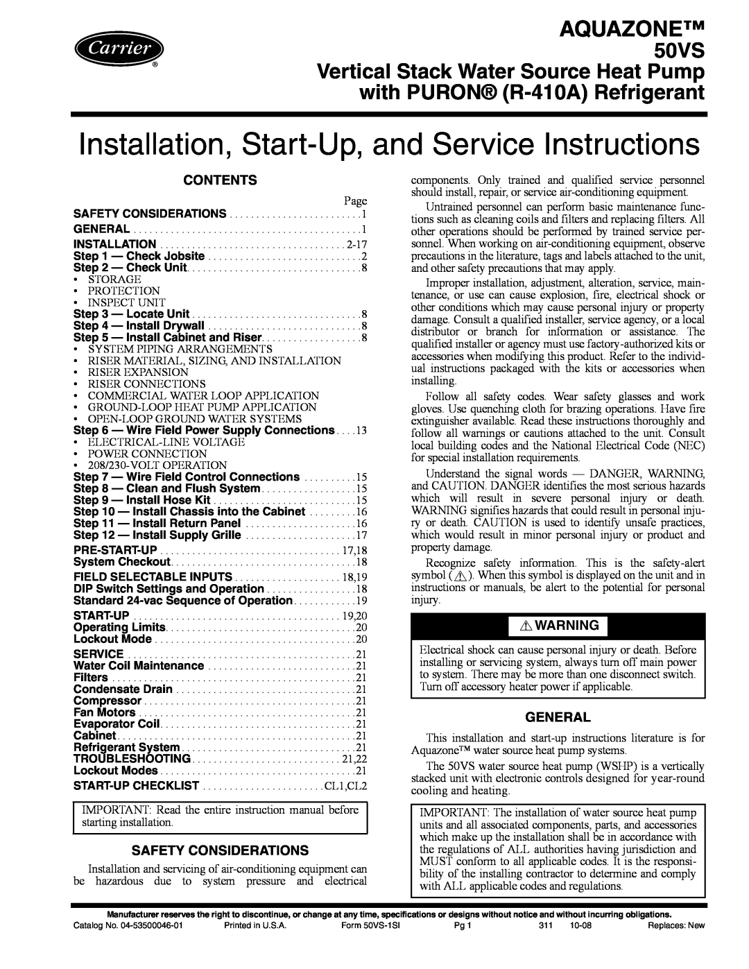 Carrier 50VS specifications Contents, Safety Considerations, General, Installation, Start-Up,and Service Instructions 