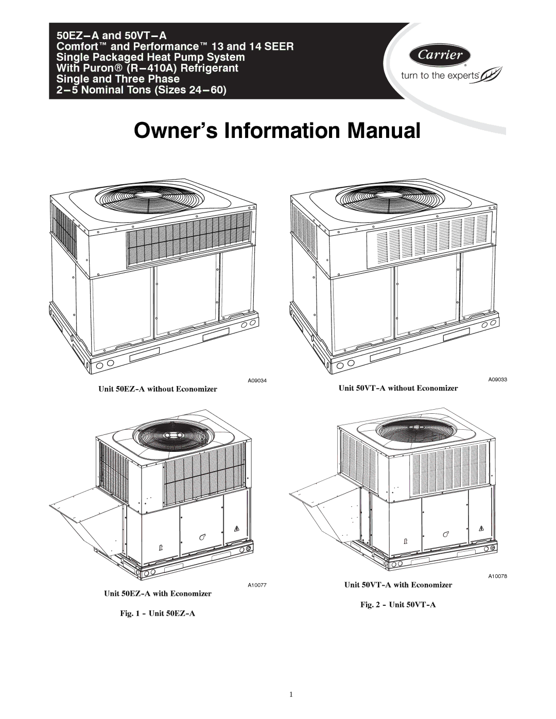 Carrier manual Unit 50VT-A with Economizer, Unit 50EZ-A with Economizer 