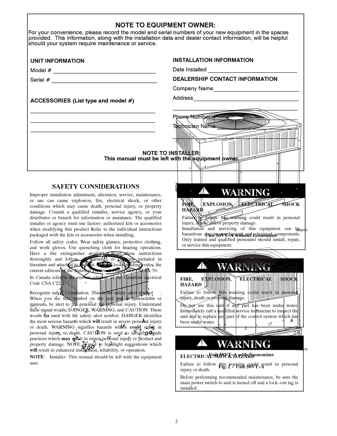 Carrier 50VT-A, 50EZ-A manual Safety Considerations, FIRE, EXPLOSION, Electrical Shock Hazard 