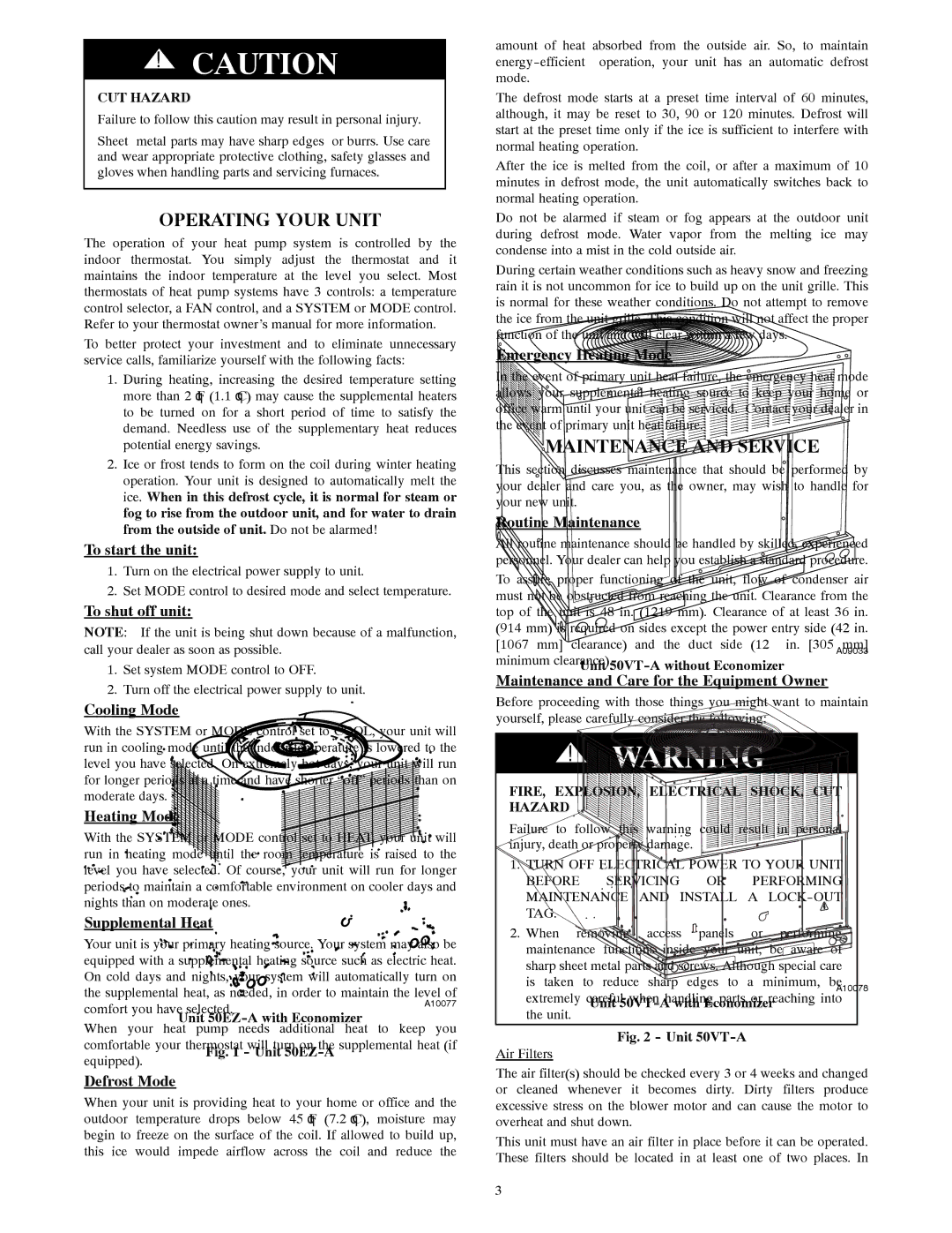 Carrier 50EZ-A, 50VT-A manual Operating Your Unit, Maintenance and Service 