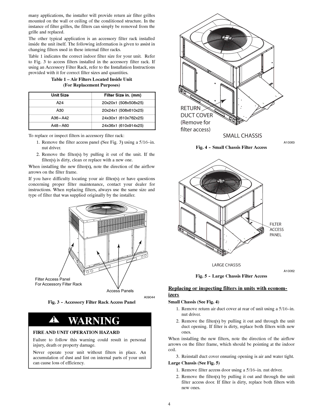 Carrier 50VT-A, 50EZ-A manual Replacing or inspecting filters in units with econom- izers, Fire and Unit Operation Hazard 