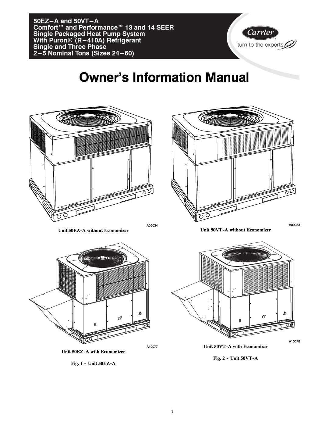 Carrier 50EZ-A manual Owner’s Information Manual, 50EZ---Aand 50VT---A, Comfort and Performance 13 and 14 SEER, A09034 