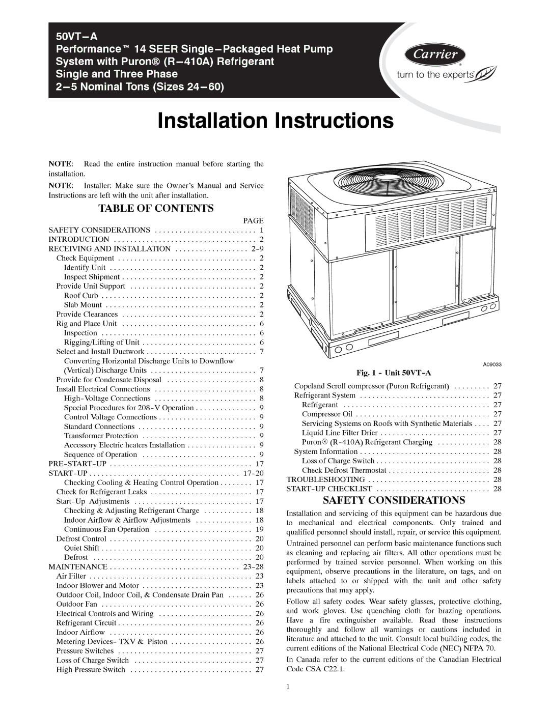 Carrier 50VT-A installation instructions Table of Contents, Safety Considerations 