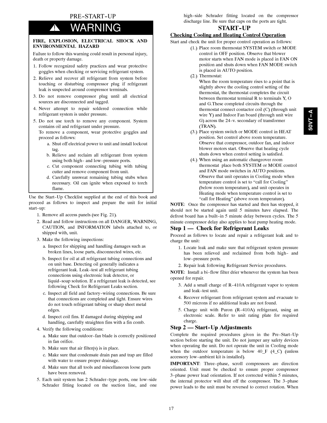 Carrier 50VT-A Check for Refrigerant Leaks, Start-Up Adjustments, Checking Cooling and Heating Control Operation 