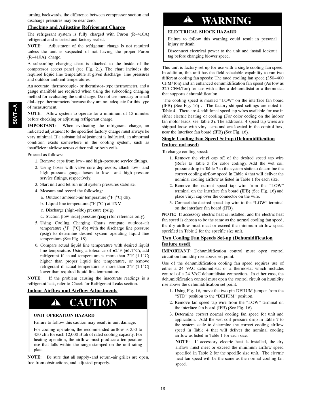 Carrier 50VT-A Checking and Adjusting Refrigerant Charge, Indoor Airflow and Airflow Adjustments, Unit Operation Hazard 