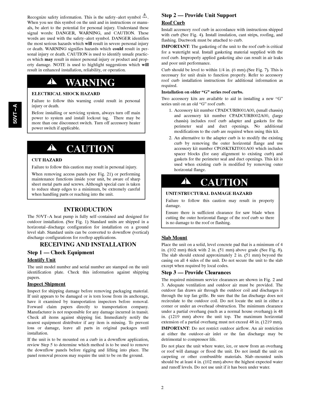 Carrier 50VT-A Introduction, Receiving and Installation, Check Equipment, Provide Unit Support, Provide Clearances 