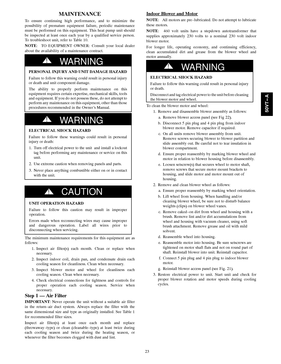 Carrier 50VT-A Maintenance, Air Filter, Indoor Blower and Motor, Personal Injury and Unit Damage Hazard 