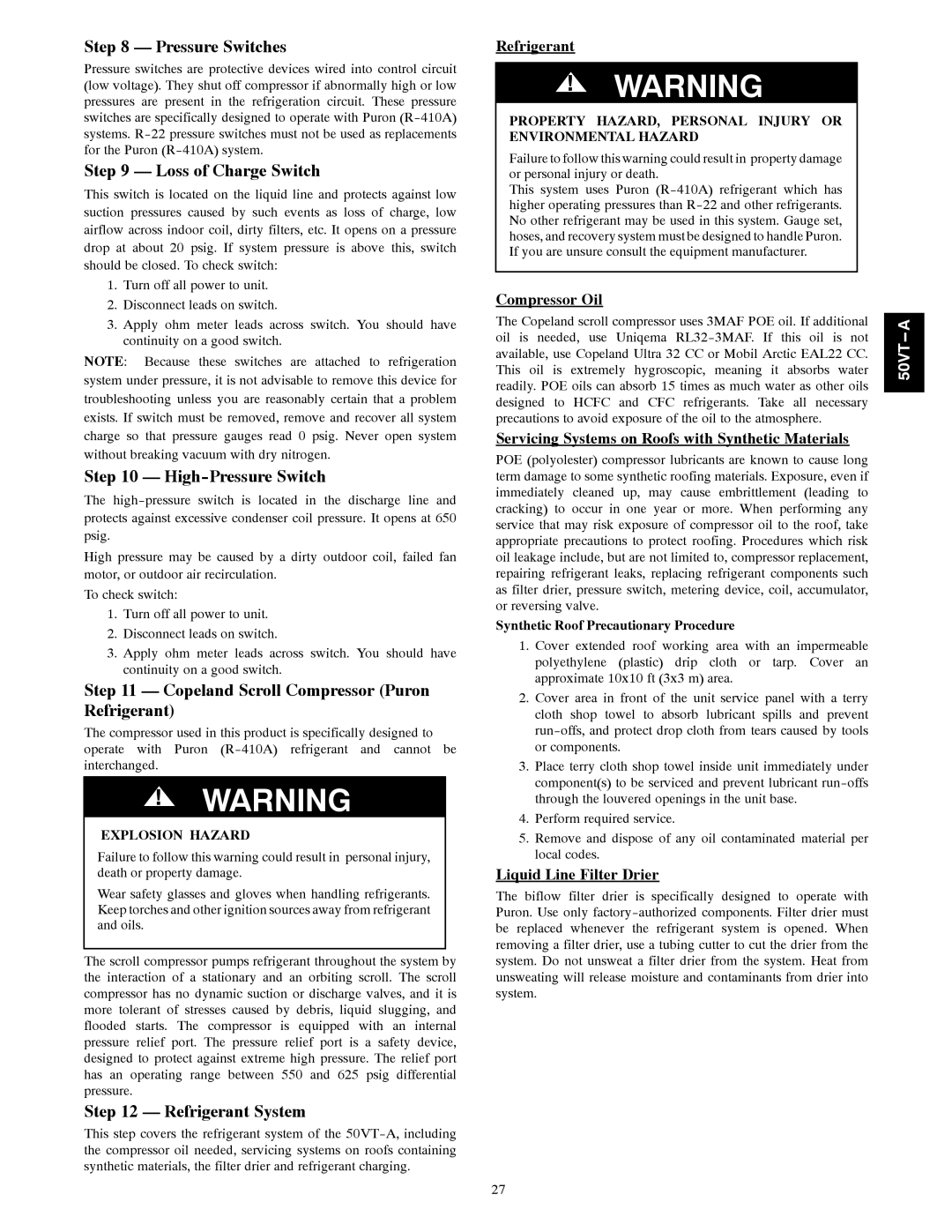 Carrier 50VT-A installation instructions Pressure Switches, Loss of Charge Switch, High-Pressure Switch, Refrigerant System 