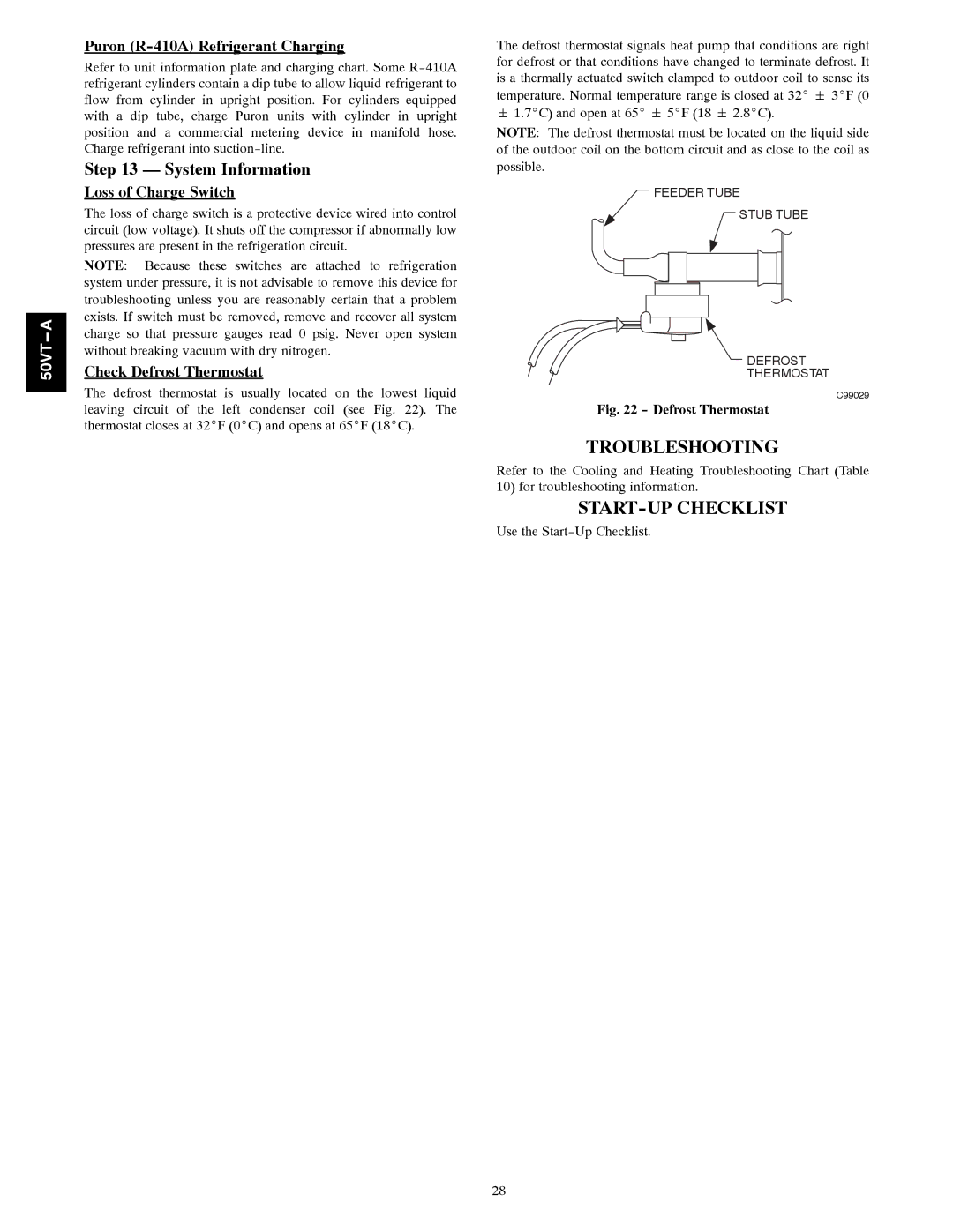 Carrier 50VT-A installation instructions Troubleshooting, START-UP Checklist, System Information 