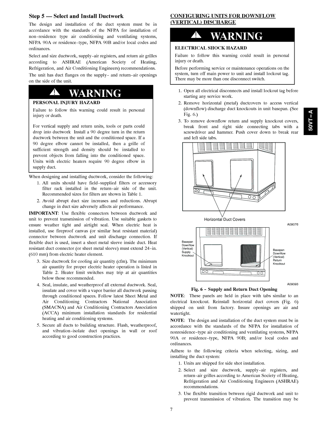 Carrier 50VT-A installation instructions Select and Install Ductwork, Personal Injury Hazard 