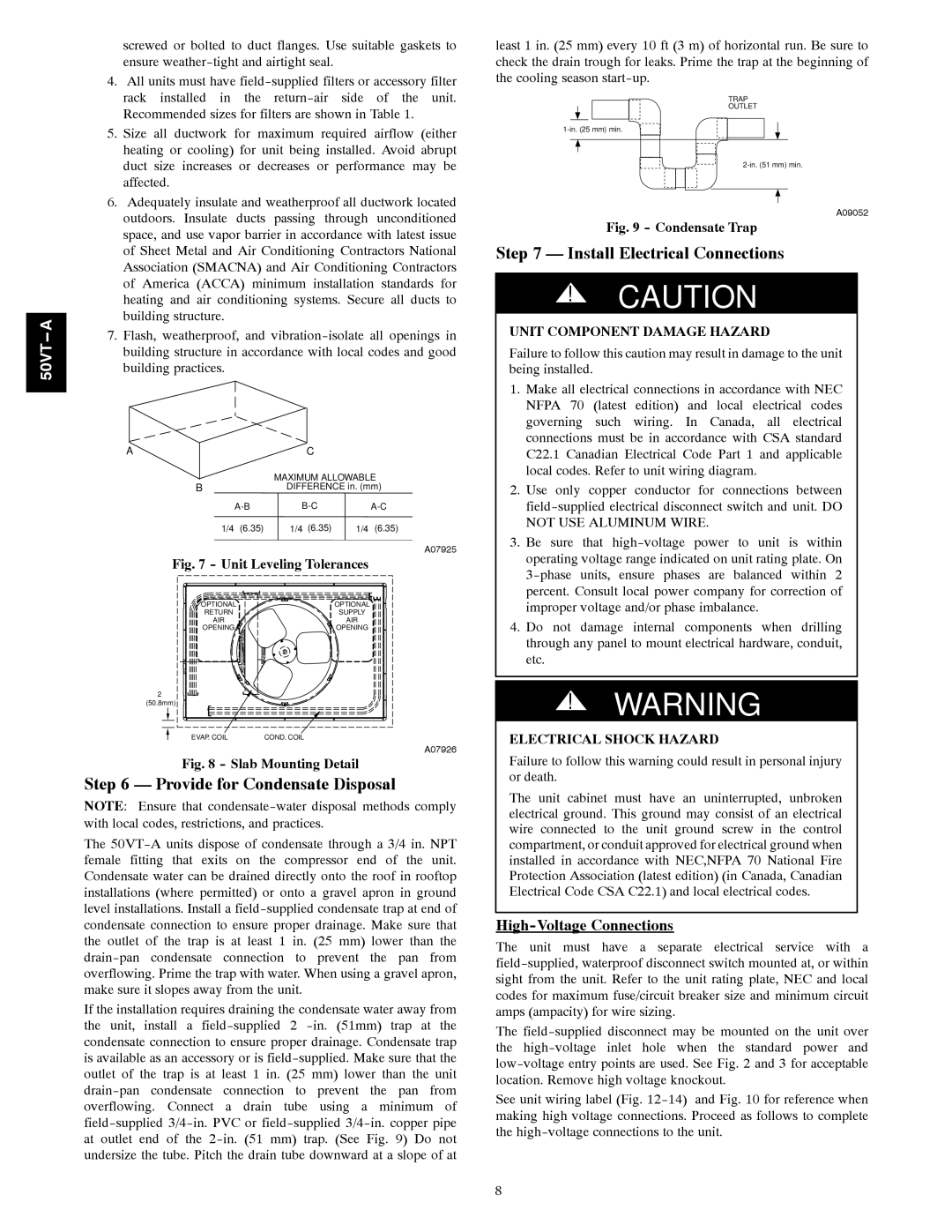 Carrier 50VT-A Provide for Condensate Disposal, Install Electrical Connections, High-Voltage Connections 