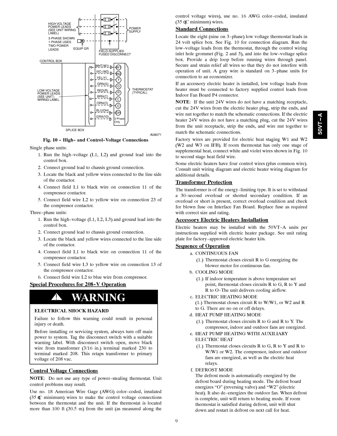 Carrier 50VT-A Standard Connections, Special Procedures for 208-V Operation, Control Voltage Connections 