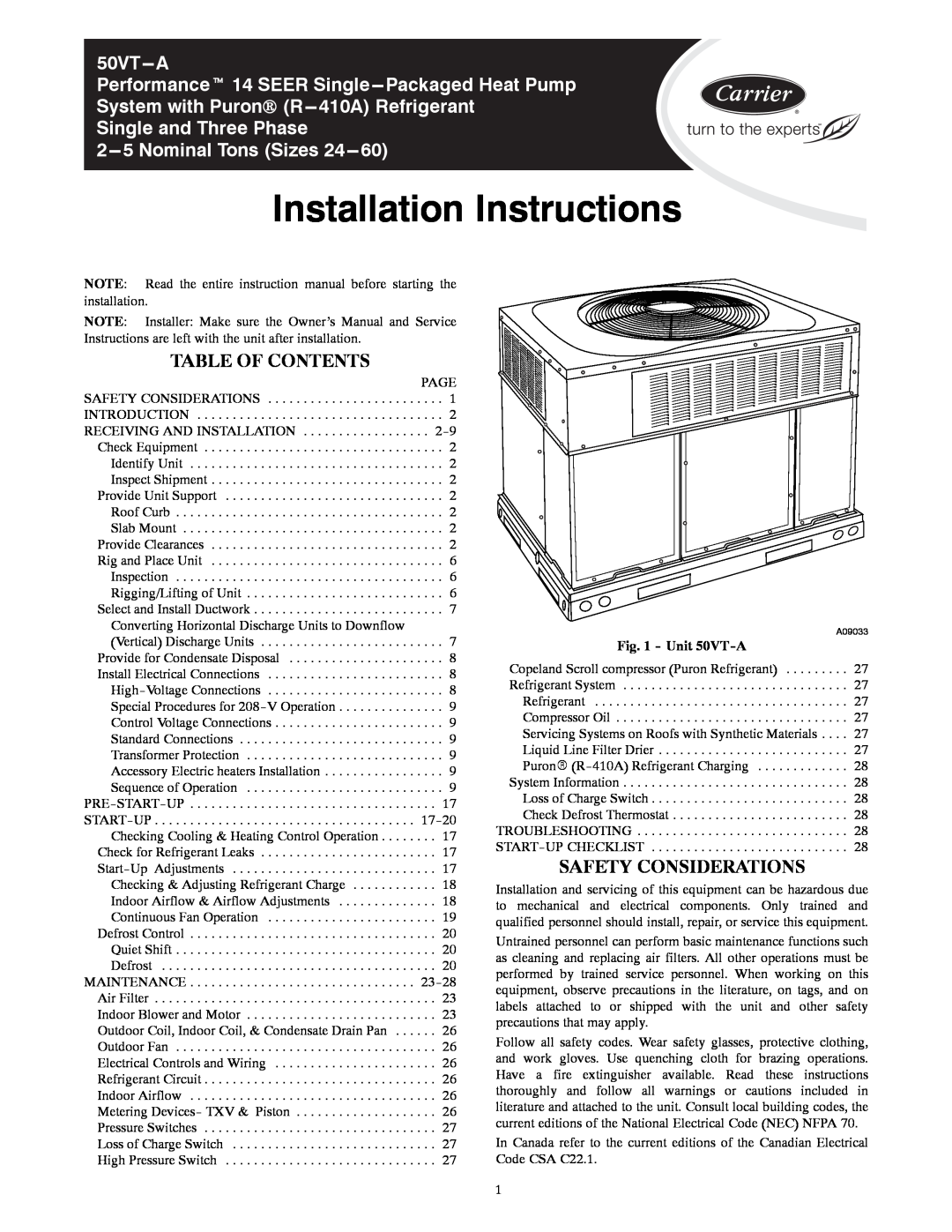 Carrier installation instructions Table Of Contents, Safety Considerations, Unit 50VT-A, Installation Instructions 