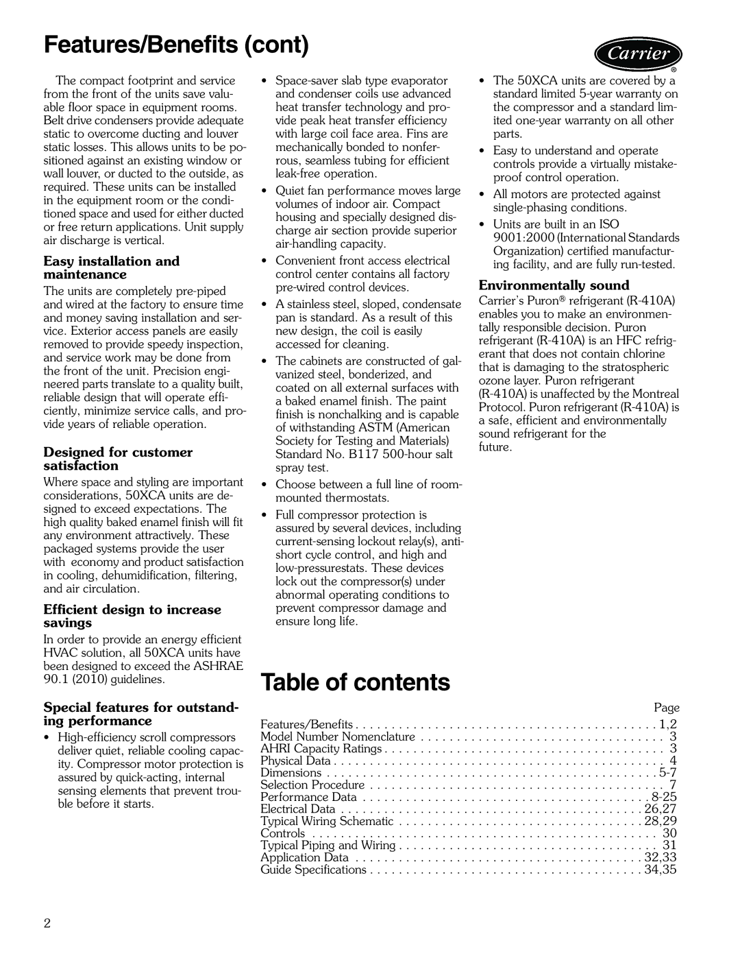 Carrier 50XCA06-24 manual Table of contents 