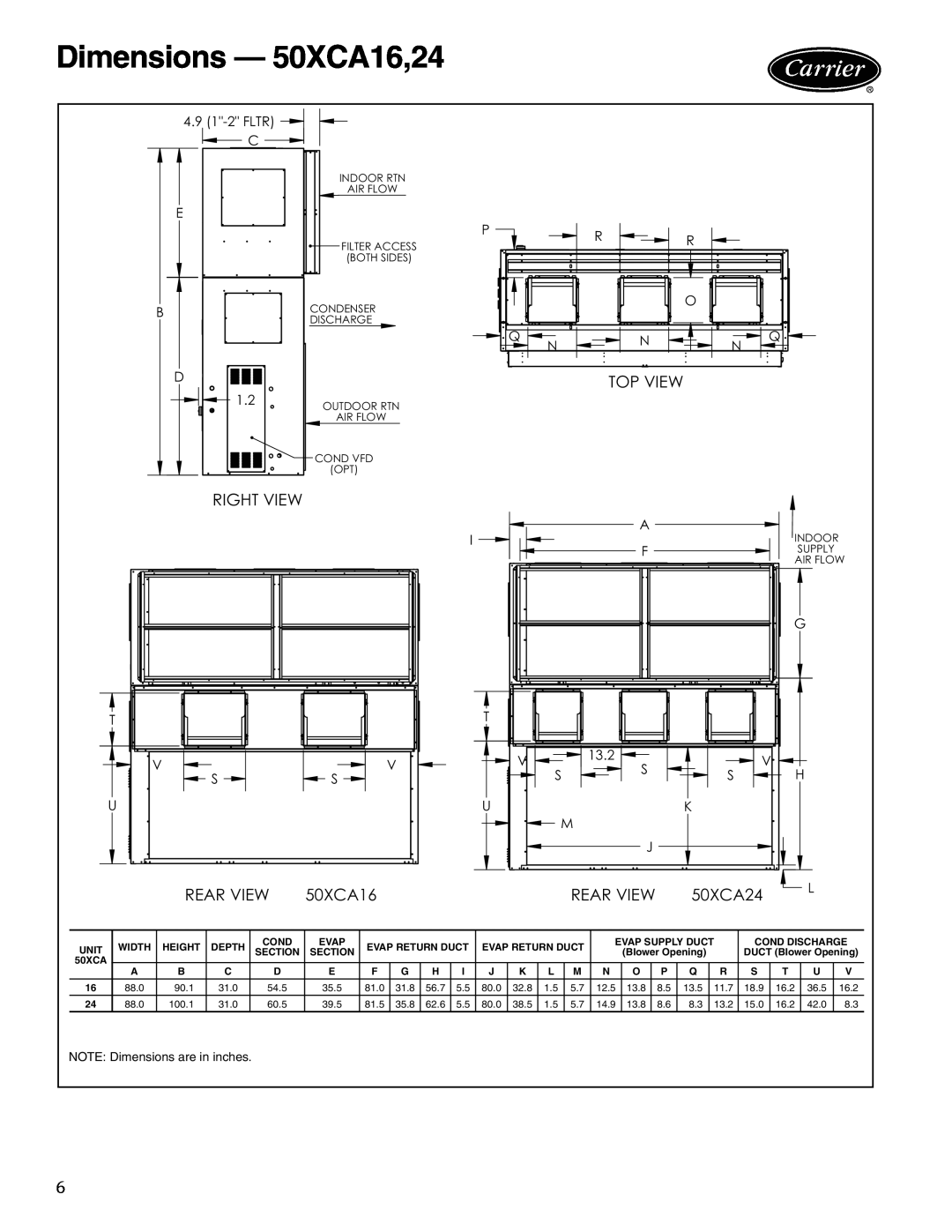 Carrier 50XCA06-24 manual Dimensions — 50XCA16,24, Rear View, 50XCA24, a50-8502 
