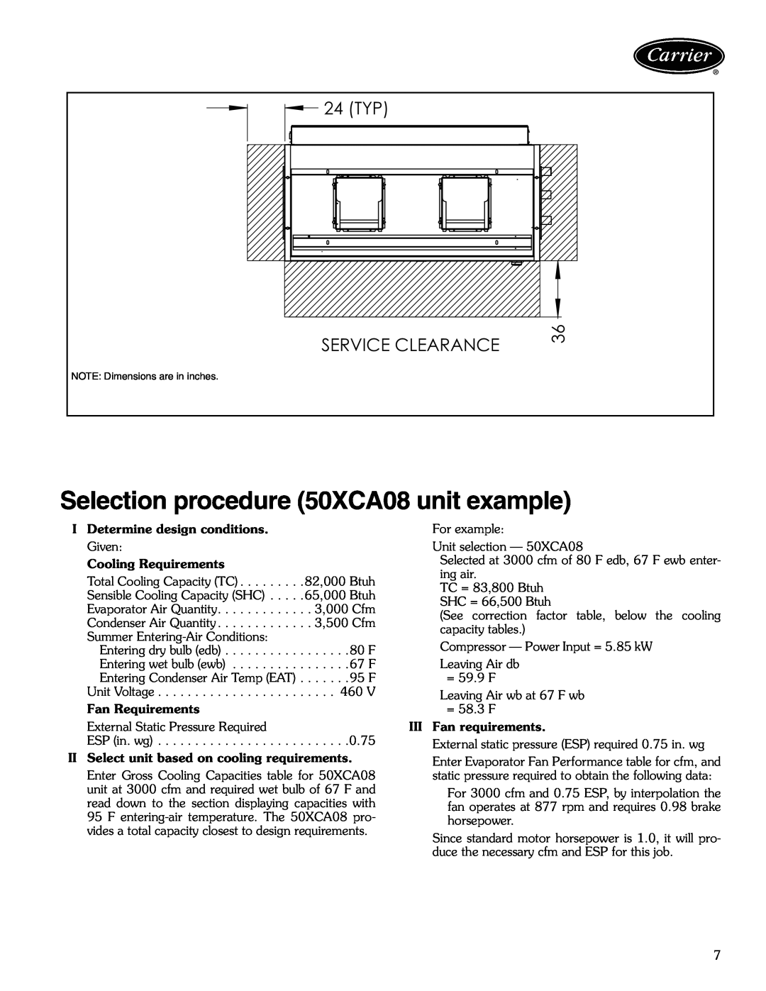 Carrier 50XCA06-24 manual Selection procedure 50XCA08 unit example, 24 TYP, Service Clearance, a50-8502 