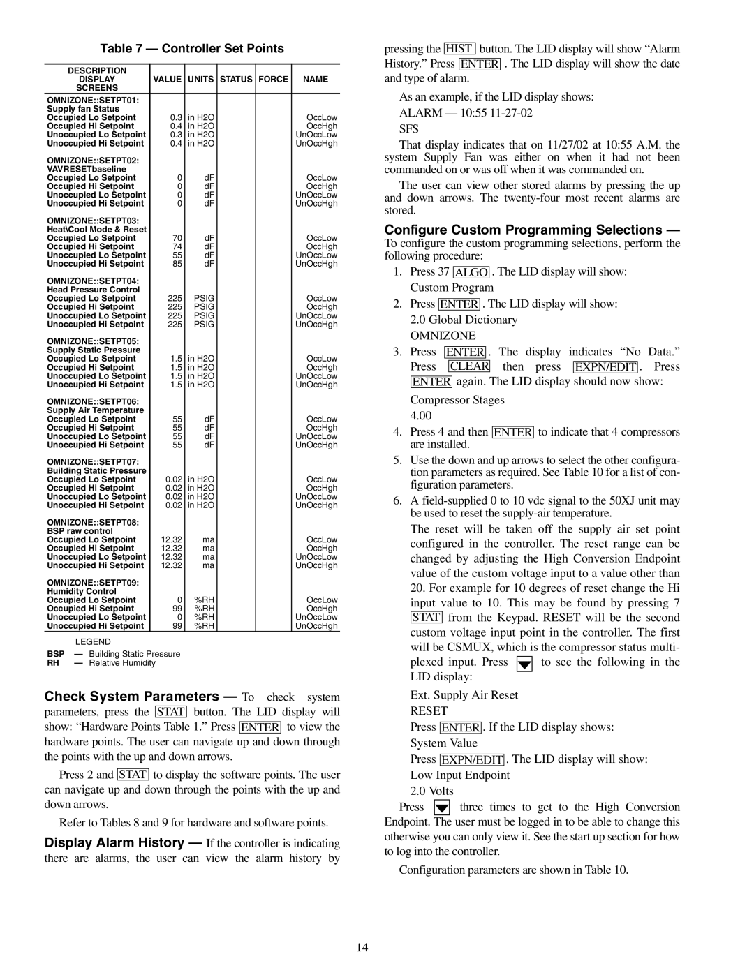 Carrier 50XJ064-104 specifications Controller Set Points, OMNIZONESETPT02 