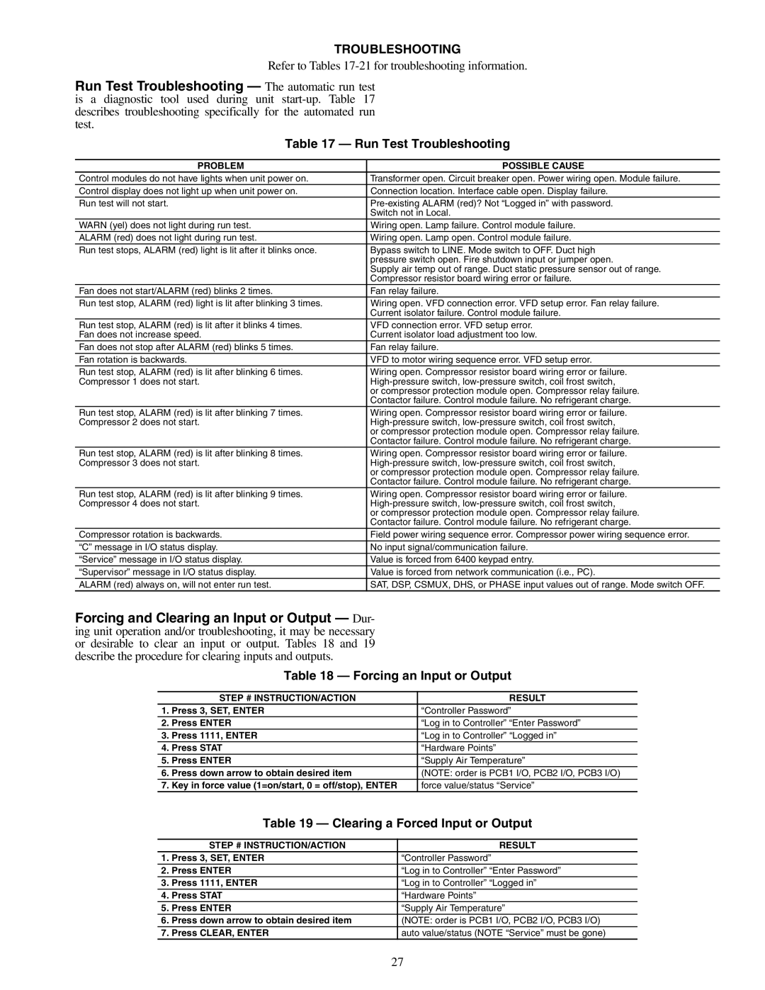 Carrier 50XJ064-104 specifications Run Test Troubleshooting, Forcing an Input or Output, Clearing a Forced Input or Output 