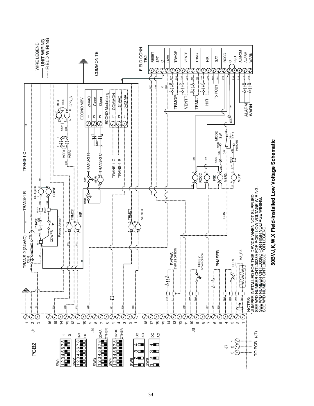 Carrier 50XJ064-104 specifications PCB2 J1, 50BVJ,K,W,X Field-Installed Low Voltage Schematic 