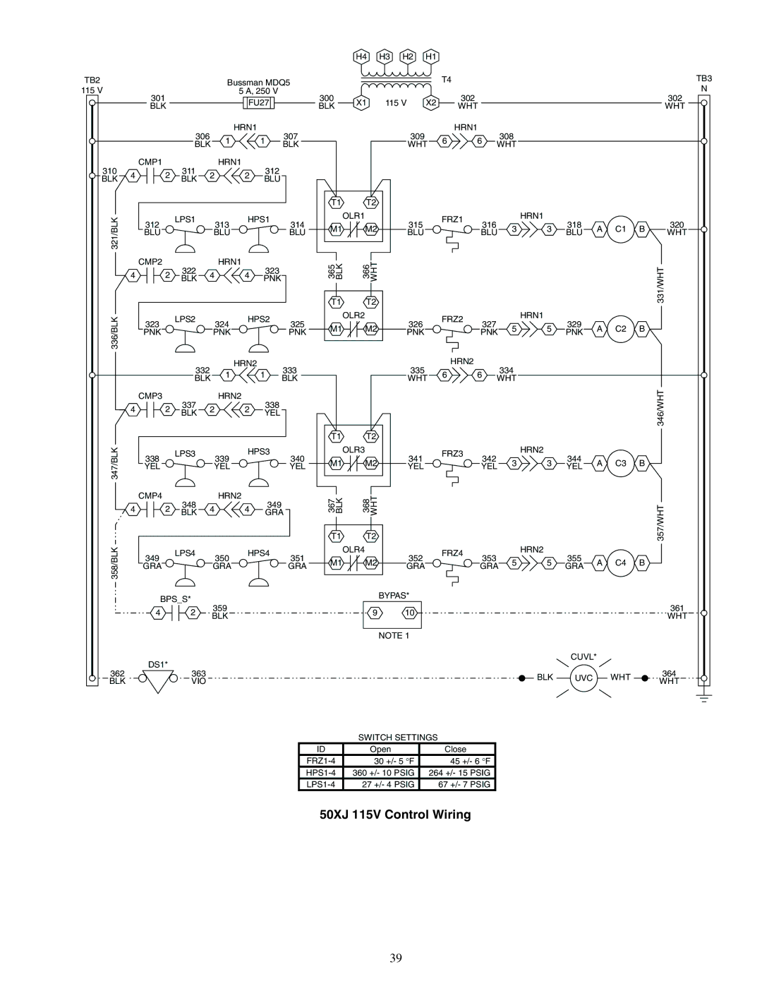 Carrier 50XJ064-104 specifications 50XJ 115V Control Wiring, BLK VIO Switch Settings 