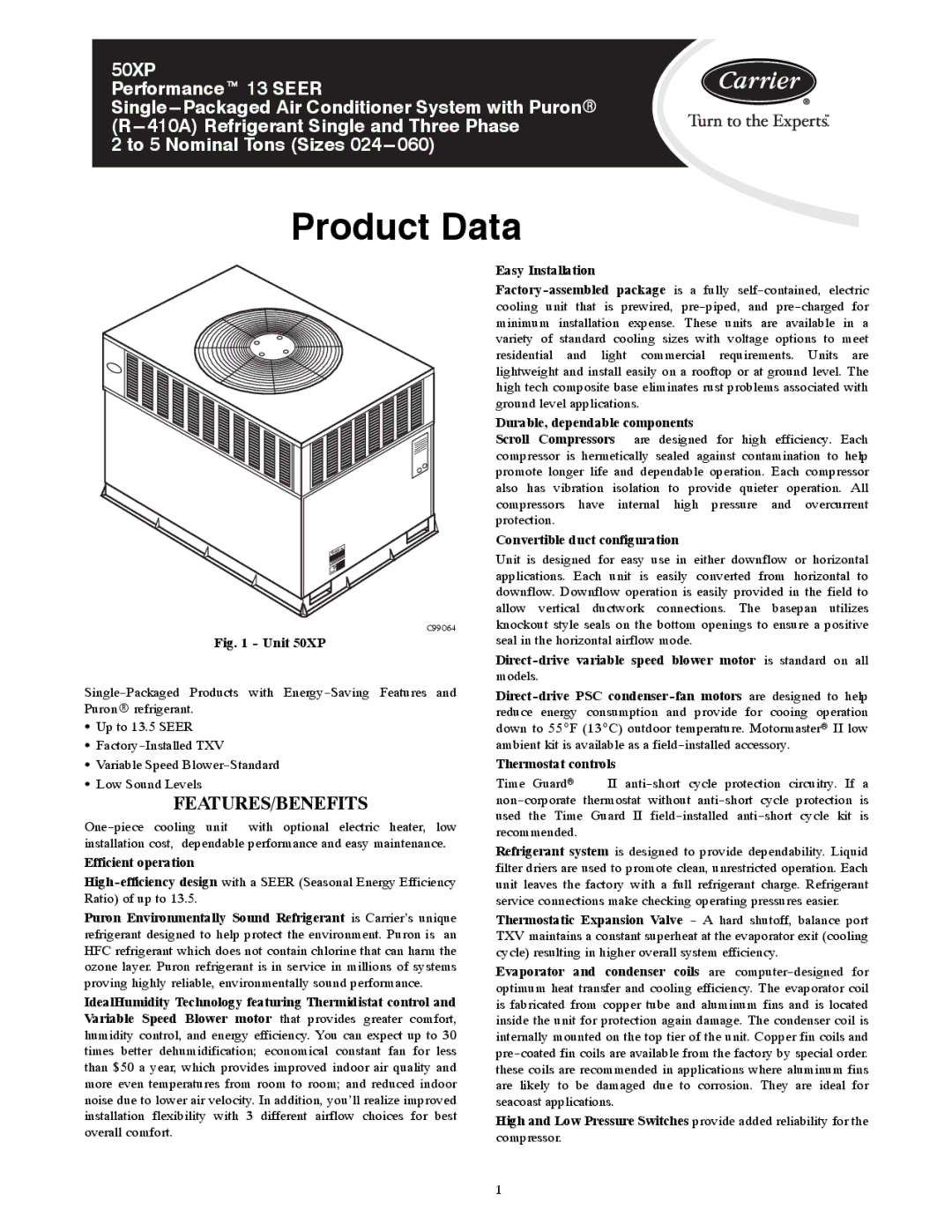 Carrier 50XP manual Features/Benefits, Efficient operation, Durable, dependable components, Convertible duct configuration 