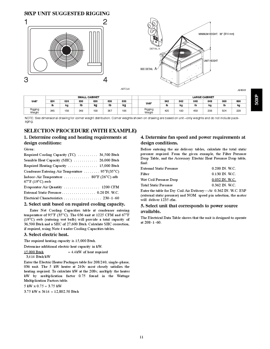 Carrier 50XP Unit Suggested Rigging, Selection Procedure with Example, Select unit based on required cooling capacity 