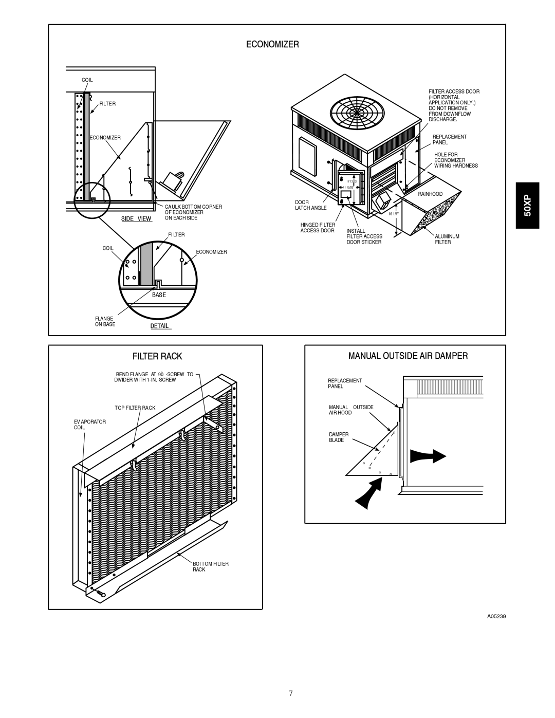 Carrier 50XP manual Economizer, Filter Rack, Manual Outside Air Damper 