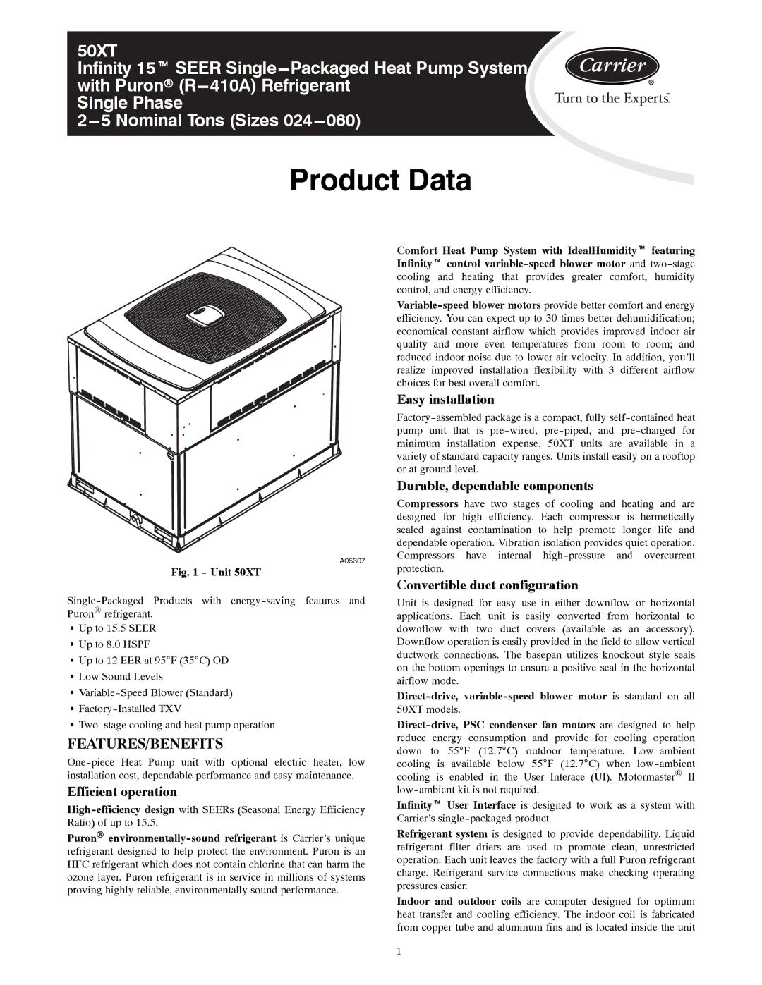 Carrier 50XT manual Product Data, Features/Benefits 