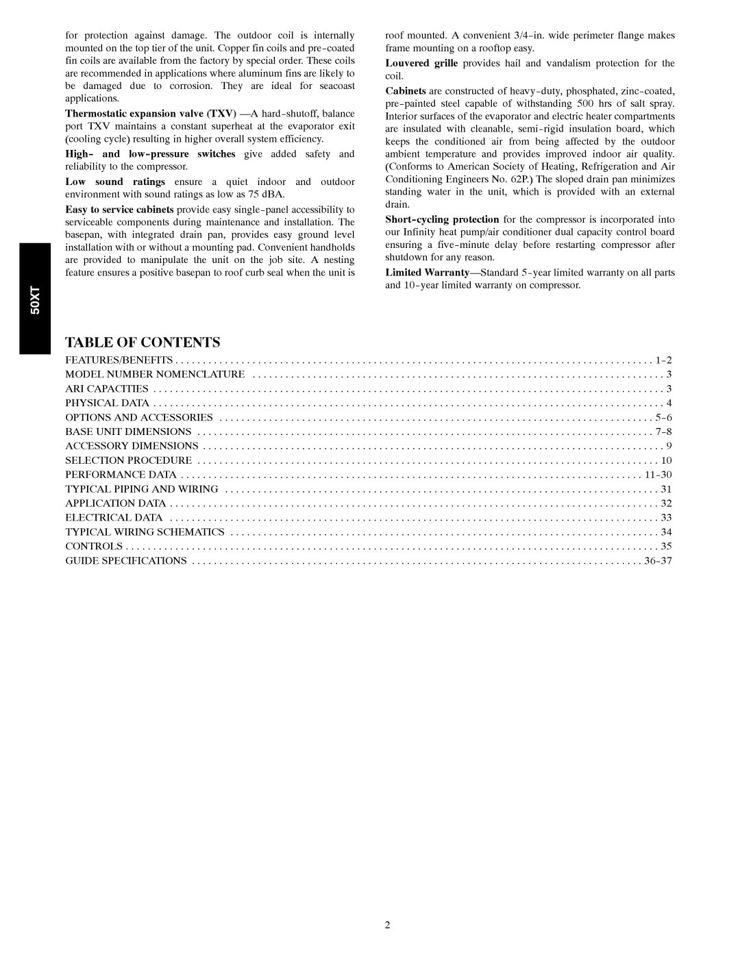 Carrier 50XT manual Table of Contents 