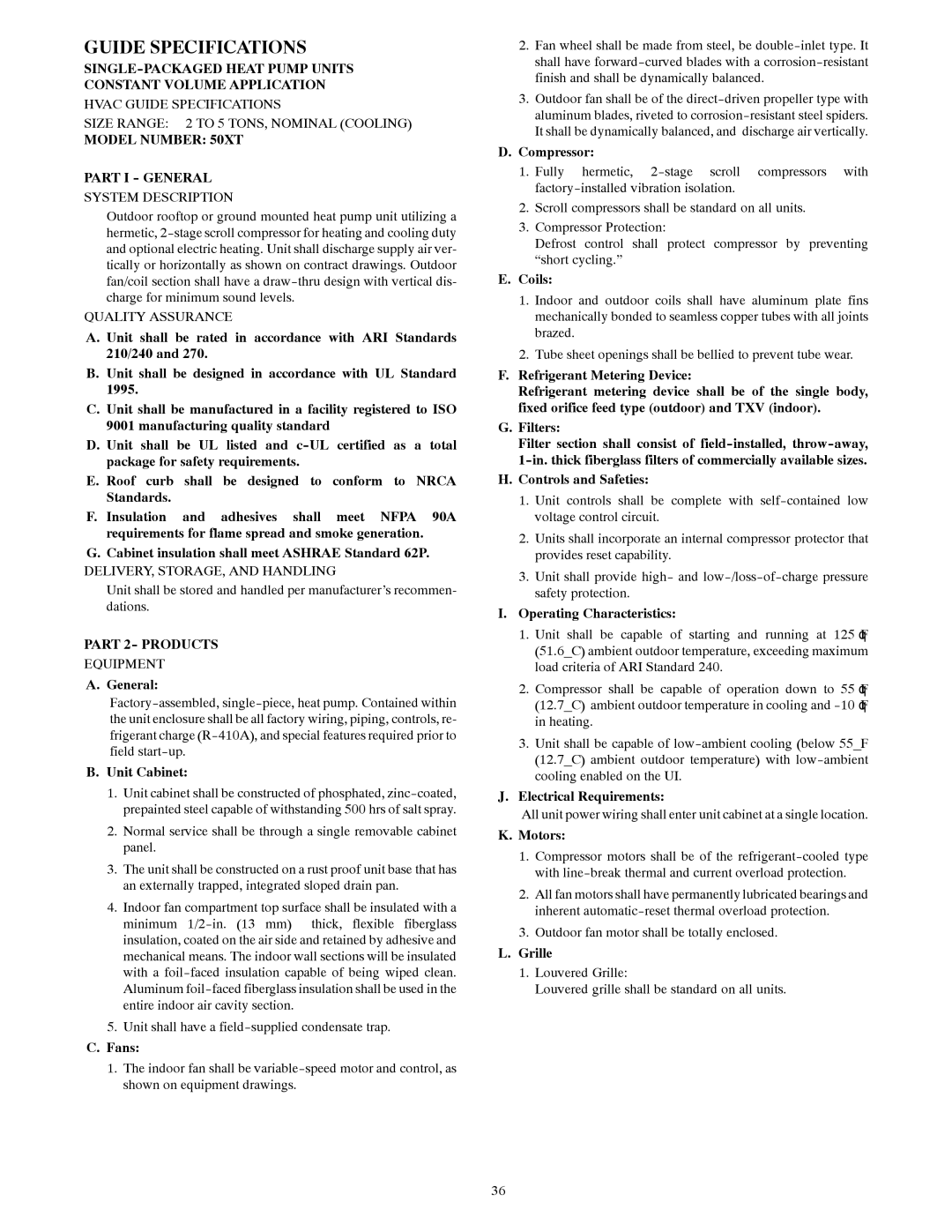 Carrier manual Guide Specifications, Model Number 50XT Part I General 