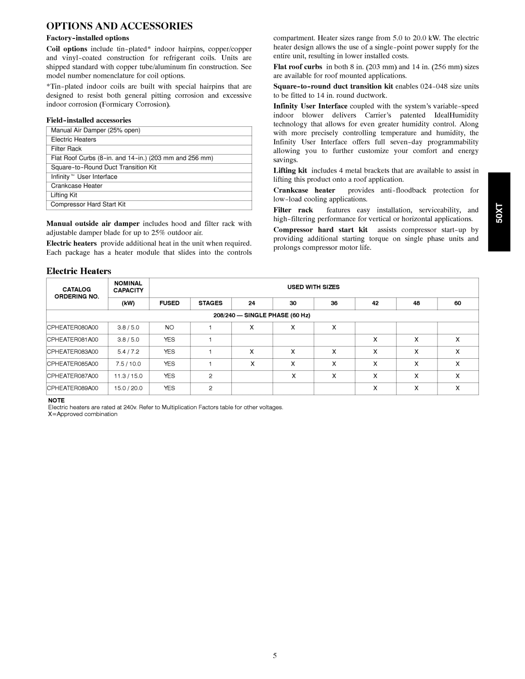 Carrier 50XT manual Options and Accessories, Factory-installed options 