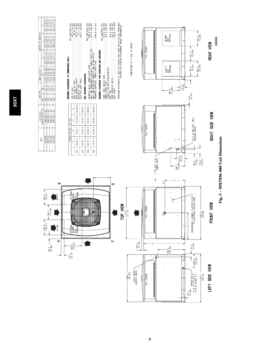 Carrier manual 50XT036-060Unit Dimensions, A06595 