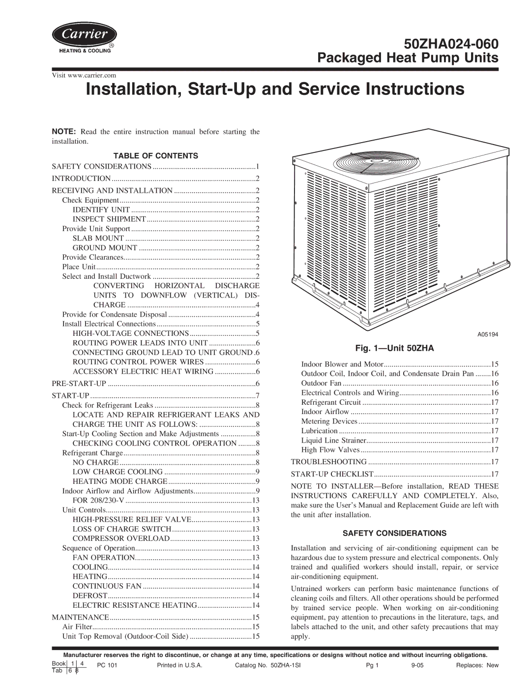 Carrier 50ZHA024-060 instruction manual Table of Contents, Safety Considerations 