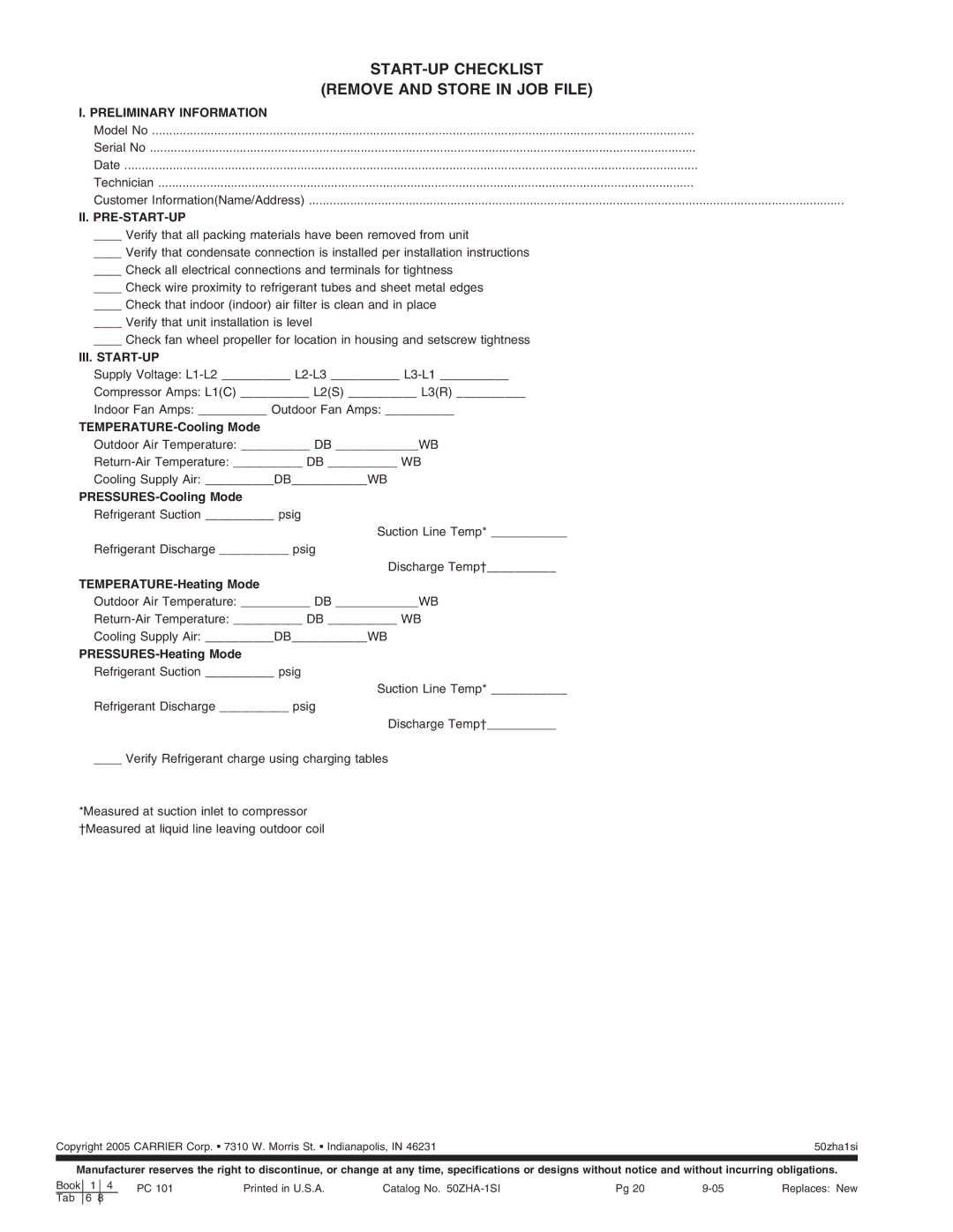 Carrier 50ZHA024-060 instruction manual Preliminary Information, Ii. Pre-Start-Up, Iii. Start-Up 