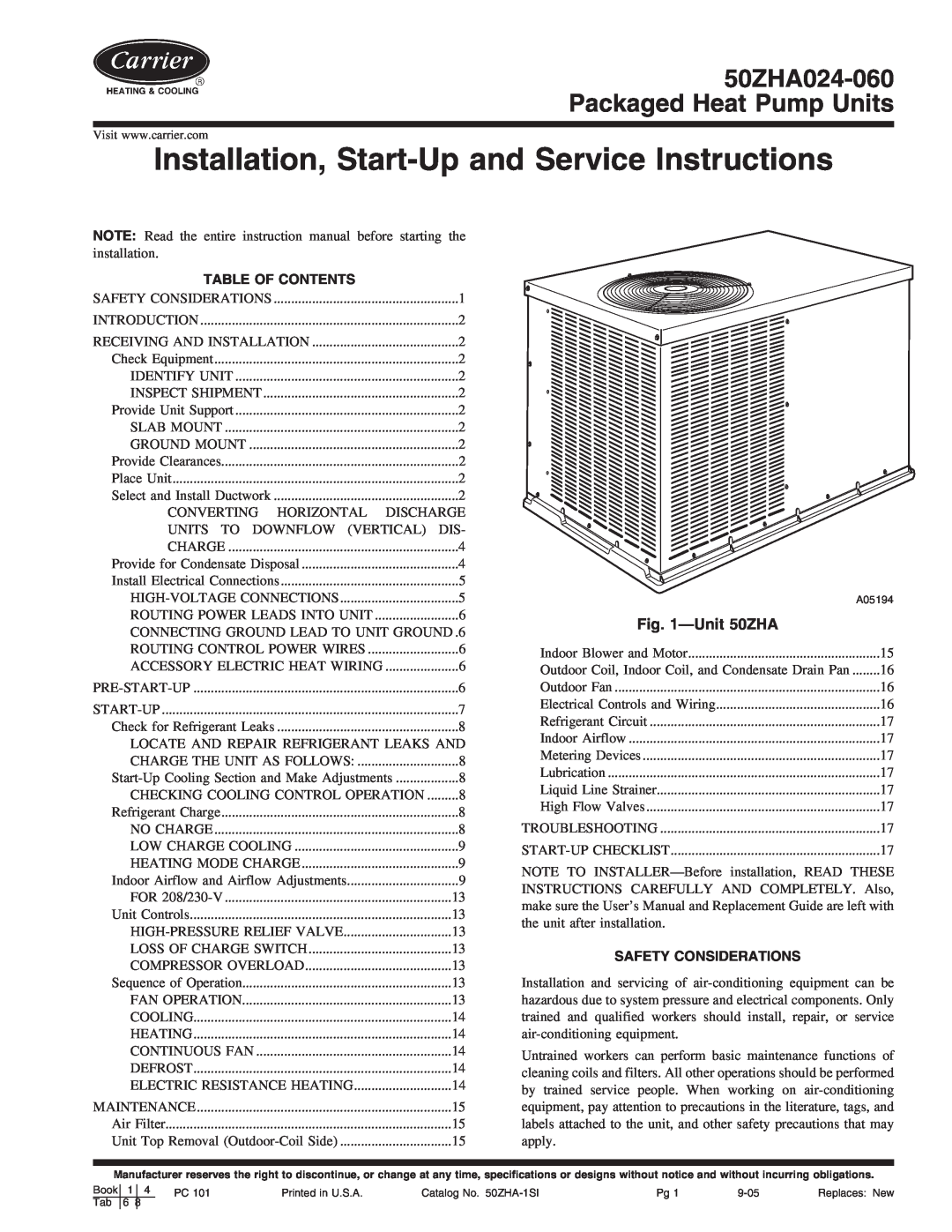 Carrier 50ZHA024-060 instruction manual Unit50ZHA, Table Of Contents, Safety Considerations 