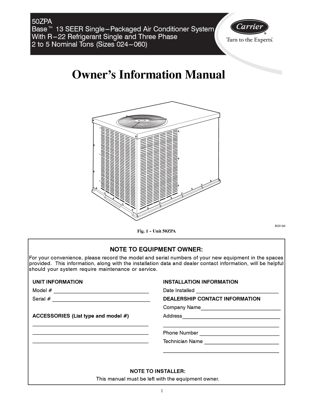 Carrier 50ZPA manual Owner’s Information Manual 