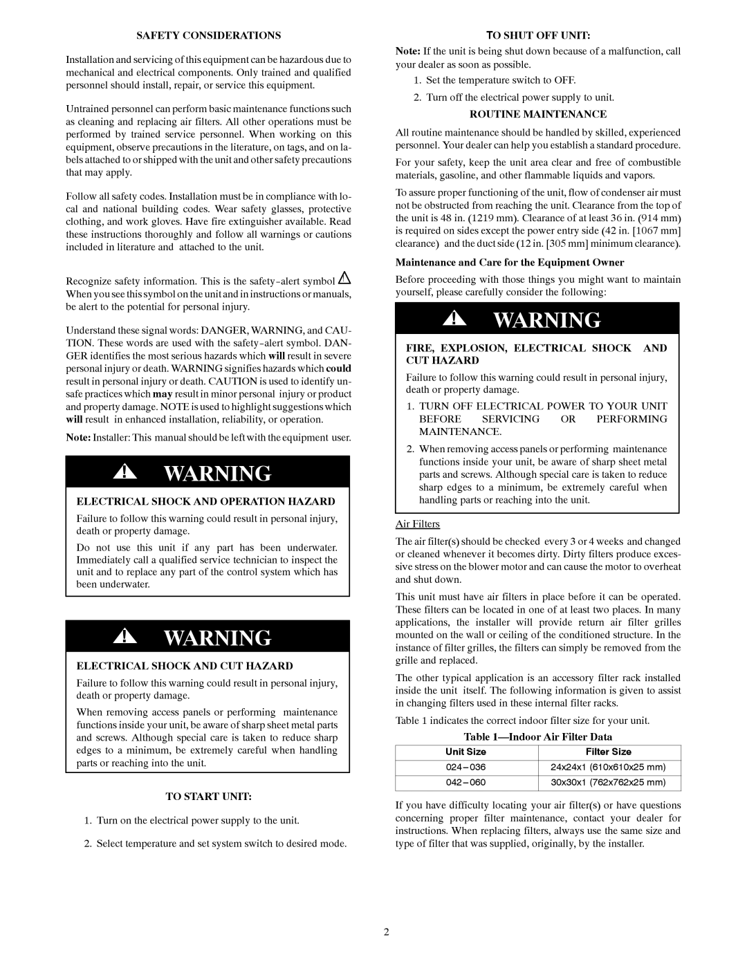 Carrier 50ZPA Safety Considerations, Electrical Shock and Operation Hazard, Electrical Shock and CUT Hazard, To Start Unit 