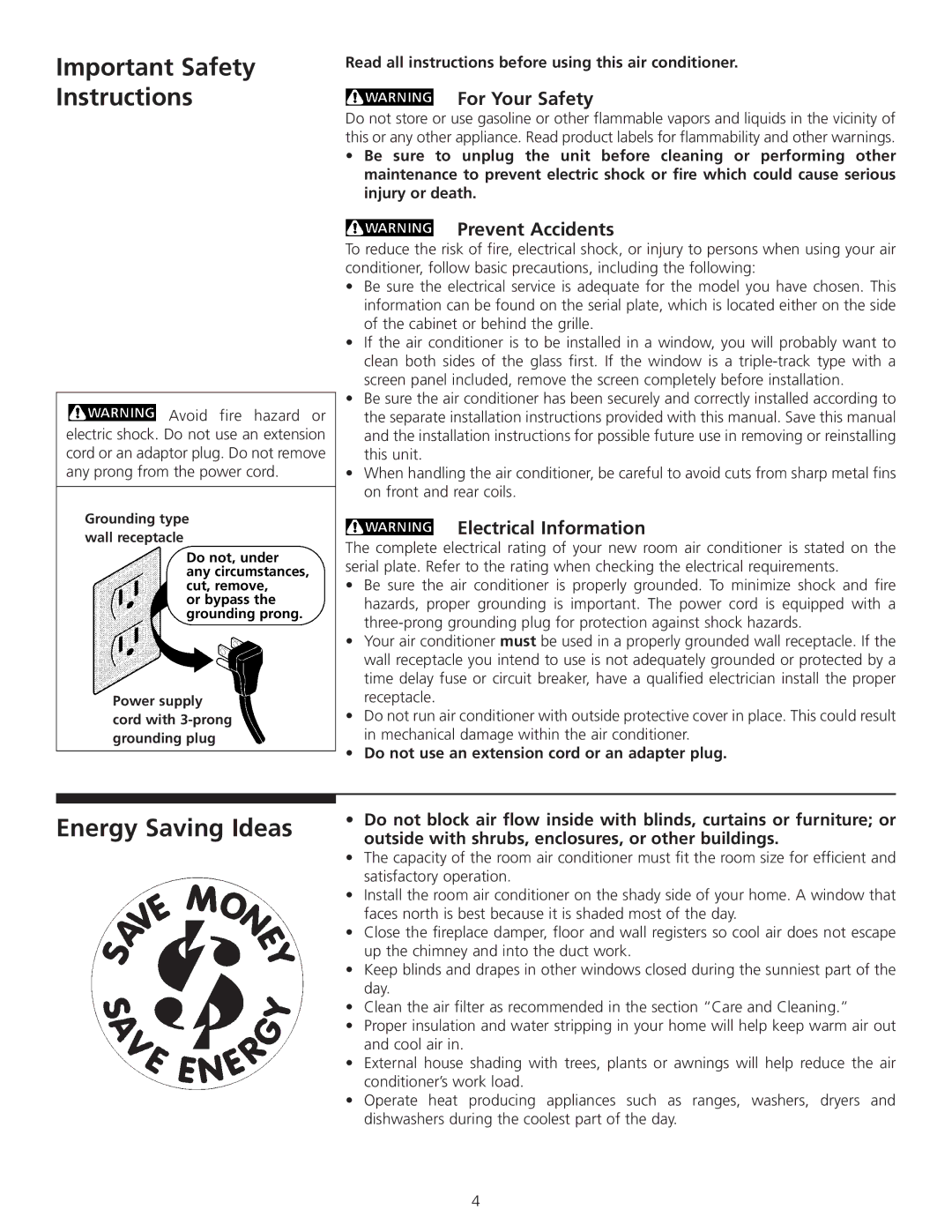 Carrier 52F Important Safety Instructions, Energy Saving Ideas, For Your Safety, Prevent Accidents, Electrical Information 